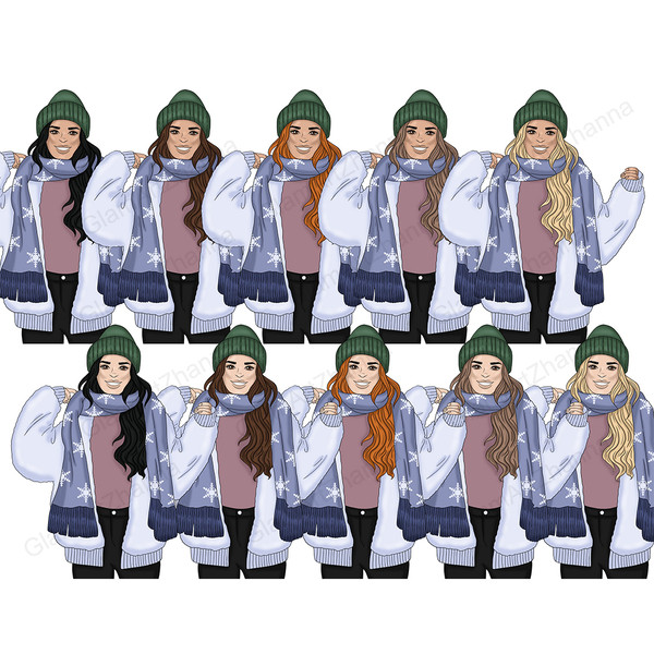 Girls in winter blue warm jackets, black jeans, green hats and dark blue scarves with snowflake print. Various shades of hair colors and skin tones