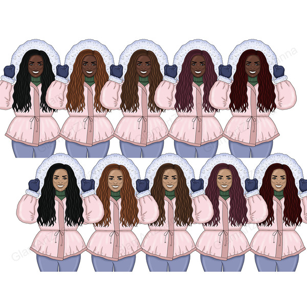 African American girls in pink hooded down jackets, green turtleneck sweaters, blue jeans and navy blue gloves. Various shades of hair colors and skin tones