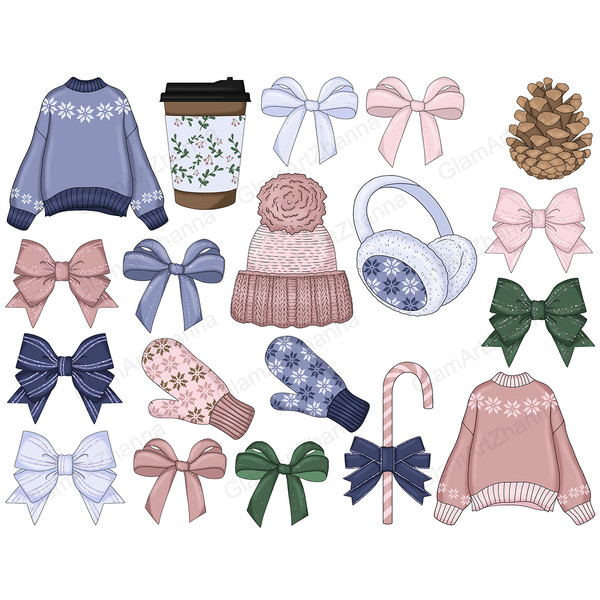 Christmas bows in blue, blue, pink and green, pink hat with a large pompom, pink and blue warm sweaters with snowflake print, blue winter headphones, a cup of c