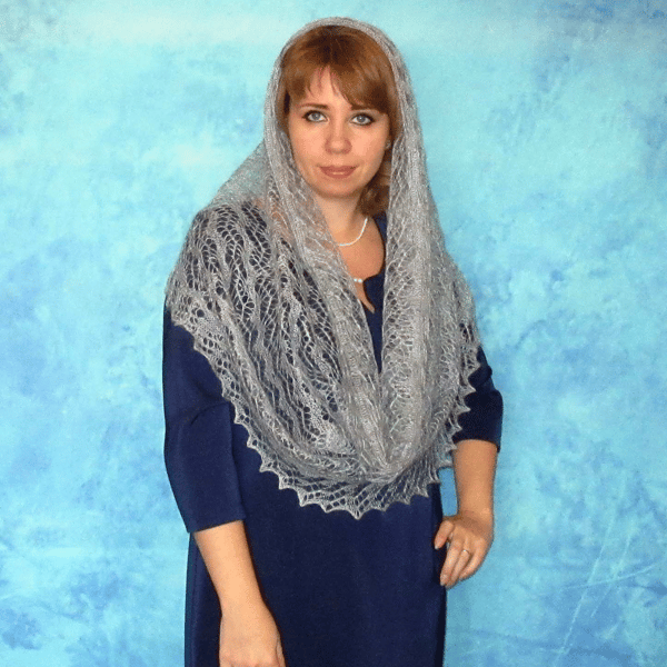 Gray warm woolen women's circle scarf, Hand knit hooded snood, Hooded cowl, Russian Orenburg round shawl, Lace kerchief, Openwork headscarf, Gift for a woman.JP