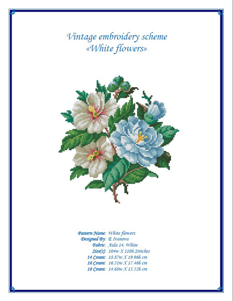 Vintage Cross Stitch Scheme White flowers