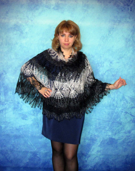 Black and white crochet shawl, Hand knit warm Russian Orenburg shawl, Shoulder wrap, Goat wool stole, Downy cape, Cover up, Lace kerchief, Gift for her 6.JPG