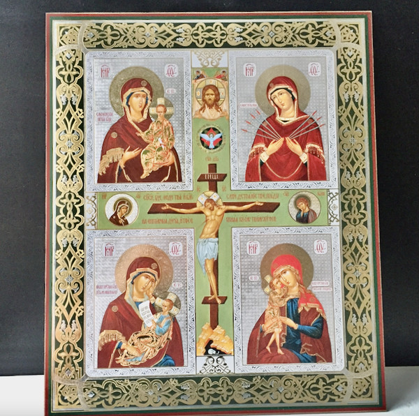 Four Icons of the Mother of God with Crucifixion of Christ