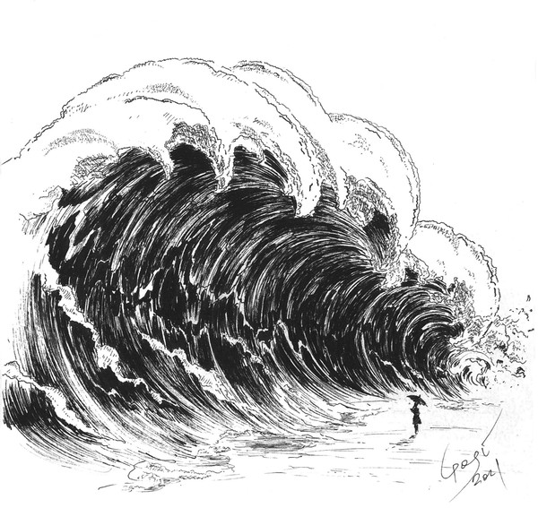 girl walking calmly in front of tsunami wave.jpg