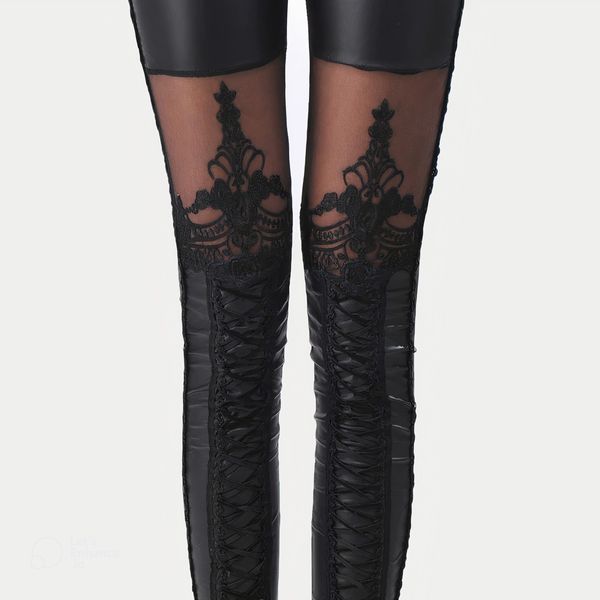 Faux Leather Womens Corset Leggings Lace up mesh embroidered - Inspire ...