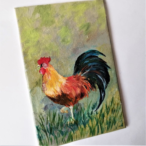 Rooster in the meadow acrylic small painting 2