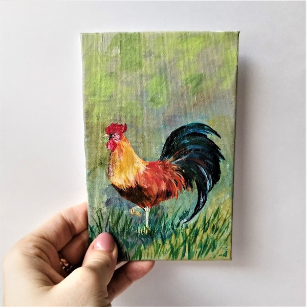 Rooster in the meadow acrylic small painting 5