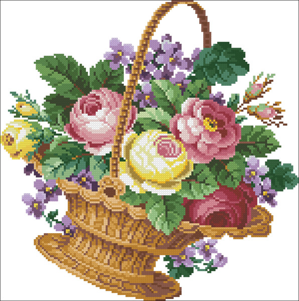 Vintage Cross Stitch Scheme Basket and flowers
