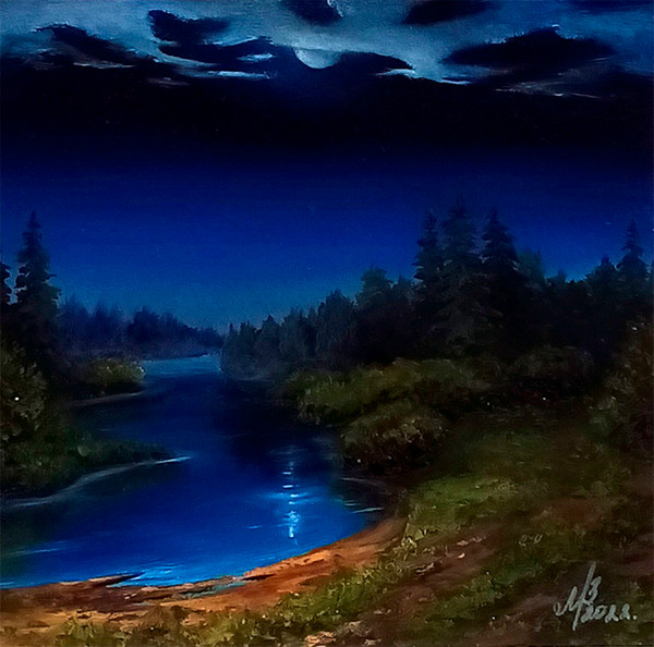Original oil painting Night River Bank by the artist Marina Mamonchik.jpg