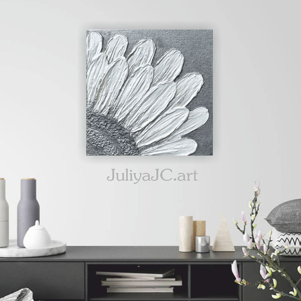 gray-floral-art-floral-abstract-painting-silver-daisy-artwork-with-rhinestones