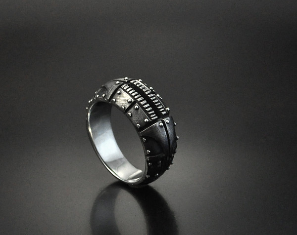 Sterling silver Steampunk men's ring. Contemporary Cyberpunk