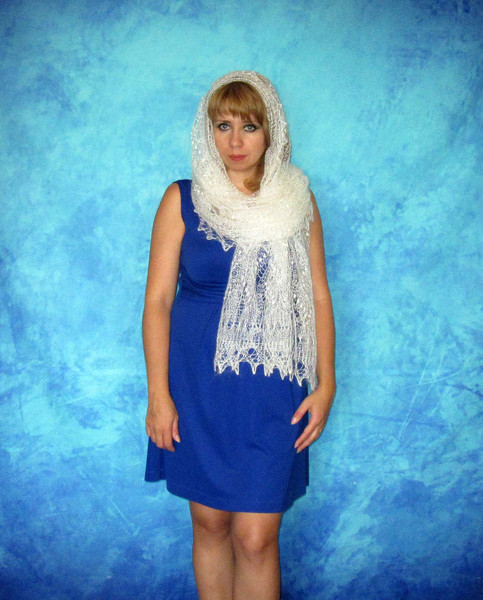 White embroidered scarf, Lace Russian Orenburg shawl, Hand knit wool wrap, Warm bridal cape, Goat down cover up, Handmade stole, Kerchief, Gift for mom.JPG