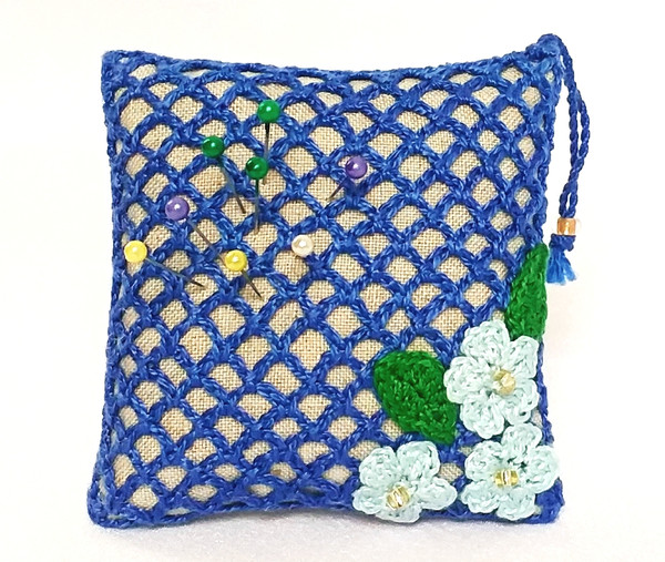 Linen pincushion with crochet flowers Decorative mini pillow Handmade pin cushions Gifts for quilters Sewing accessory.jpg