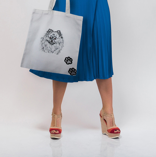 White shopping bag with embroidery of a Pomeranian dog 2-2.jpg