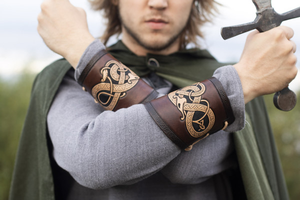 Leather arm bracers with ouroboros for viking cosplay, Midga