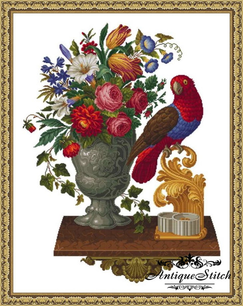 Flowers-Red-Parrot-berlin woolwork-pattern