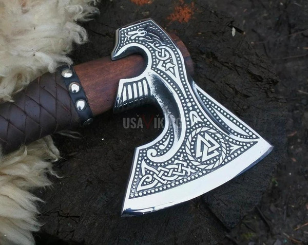 HUNTING AXE, CARBON Steel Axe, Stylish Viking Throwing Ash Wood Shaft Bearded Axe Gifts For Her, Carbon Steel Leather Wood Handle Axe (2).jpg