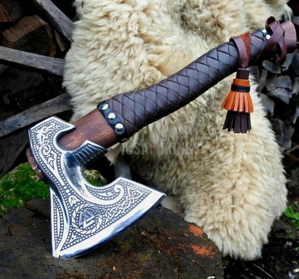 HUNTING AXE, CARBON Steel Axe, Stylish Viking Throwing Ash Wood Shaft Bearded Axe Gifts For Her, Carbon Steel Leather Wood Handle Axe (4).jpg