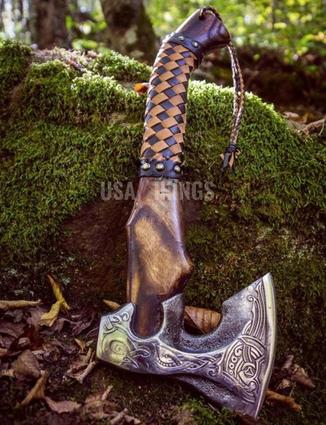 Custom Gift Forged Carbon Steel Viking Axe Hatchet Rose Wood Shaft, Throwing Bearded Camping Axe, Best Birthday & Anniversary Gift For Him (7).jpg