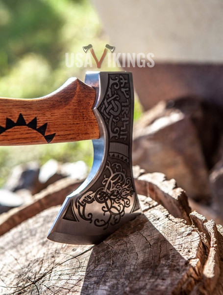 Custom Gift Forged Damascus Steel Viking Axes with Rose Wood Shaft, Viking Bearded Camping Axe, Best Birthday Gift (6).jpg
