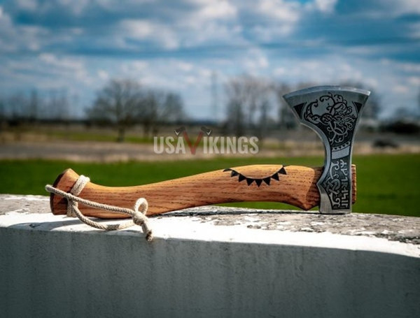 Custom Gift Forged Damascus Steel Viking Axes with Rose Wood Shaft, Viking Bearded Camping Axe, Best Birthday Gift (10).jpg