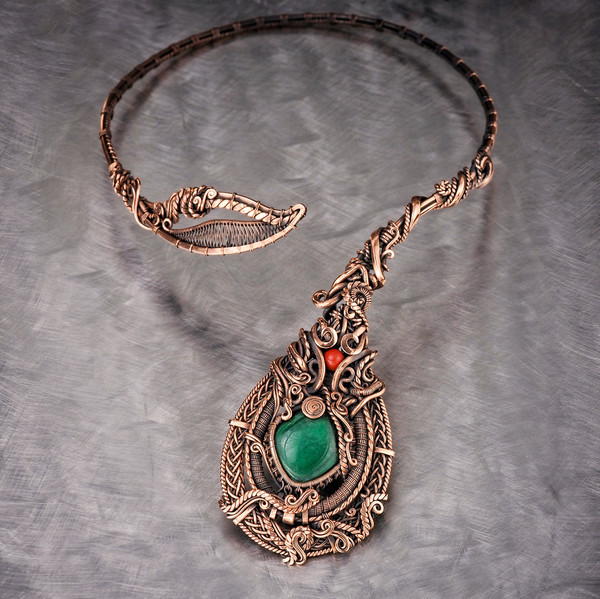 malachite jasper wire wrapped copper necklace with Unique flower style Green gemstone open choker Handcrafted jewelry (3).jpeg