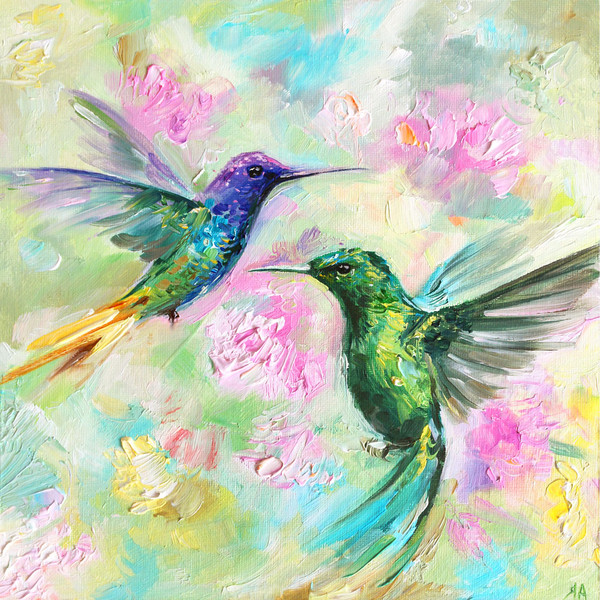 Hummingbird Painting Birds Oil Artwork Hummingbird and Flowe - Inspire  Uplift