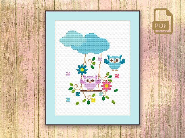 Owls With Swing Cross Stitch Patterns, Owl Cross Stitch Pattern, Owls Pattern, Home Decor, Home Sweet Home #owl_003