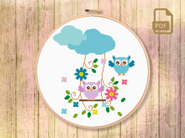 Owls With Swing Cross Stitch Patterns, Owl Cross Stitch Pattern, Owls Pattern, Home Decor, Home Sweet Home #owl_003