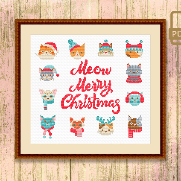 Meow Merry Christmas Cross Stitch Pattern, Meow Christmas Cross Stitch, Merry Christmas Pattern, Christmas Cats Cross Stitch Pattern #mch_021