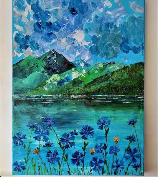 Handwritten-landscape-mountain-lake-and-wildflowers-cornflowers-by-acrylic-paints-1.jpg