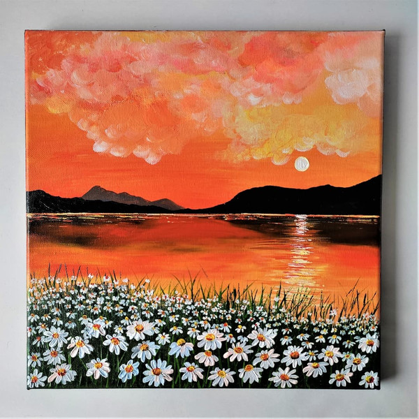 Lake sunset painting, Daisies painting, Sunset landscape acr - Inspire  Uplift