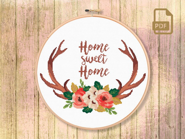 Home Sweet Home Cross Stitch Pattern, Deer Cross Stitch Pattern, Wild Deer Antlers Cross Stitch Pattern, Flowers Cross Stitch Pattern #qt_024