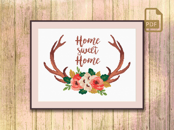 Home Sweet Home Cross Stitch Pattern, Deer Cross Stitch Pattern, Wild Deer Antlers Cross Stitch Pattern, Flowers Cross Stitch Pattern #qt_024