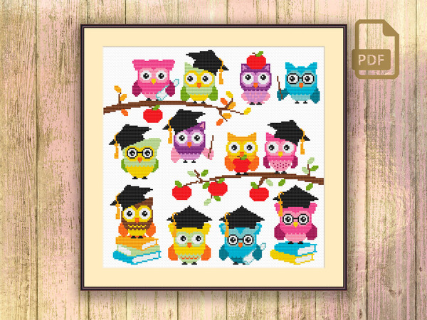 School Owls Cross Stitch Pattern, Owls Pattern, Nursery Cross Stitch Pattern, Holiday Gift, School Home Decoration #owl_013