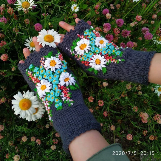 Mittens-With-Embroidery-Hand-Knitted-Embroidered-Fingerless-Gloves-Clothing-And
