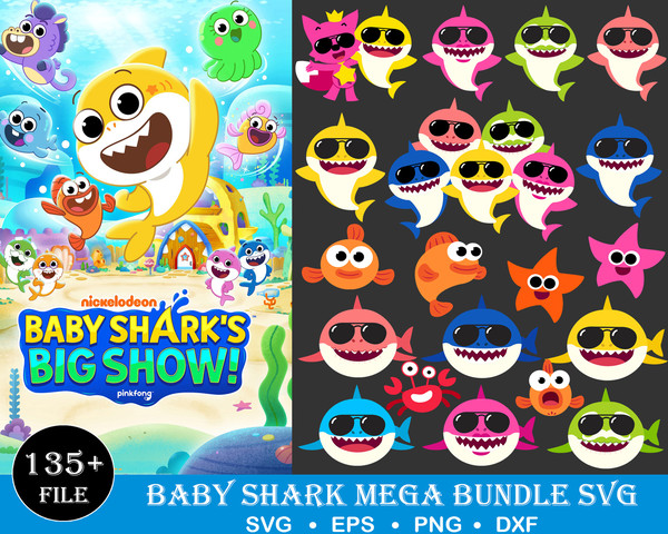 135 Baby Shark Bundle, Birthday shark svg, Layered SVG, cricut, cut files, layered digital vector file.jpg