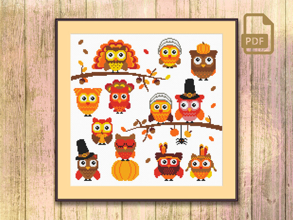 Thanksgiving Owls Cross Stitch Pattern, Owls Cross Stitch Pattern, Thanksgiving Cross Stitch Pattern, Holiday Gift, Holiday Decoration #tg_003