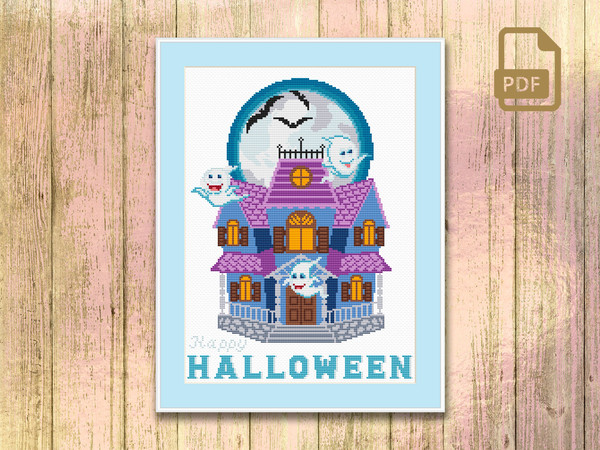 Happy Halloween Cross Stitch Pattern, Halloween Patterns, Retro Travel PatterHaunted Mansion Cross Stitch Patternn #hll_009