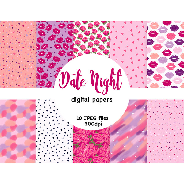 Digital papers for Valentine's Day. Pink and purple hearts patterns. Pink lips seamless pattern. Pink roses digital backgrounds. Purple lips pattern. Pink confe