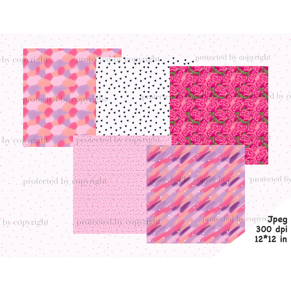 Digital papers for Valentine's Day. Blue hearts on a white background patterns. White hearts on a purple and pink background seamless pattern. Pink roses digita