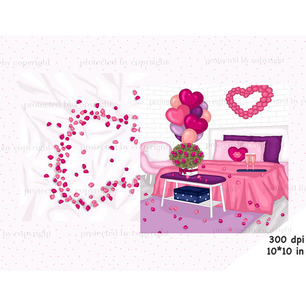 Accessories for a date on Valentine's Day. A bedroom decorated with flowers, pink and purple heart shaped balloons. Rose petals on the bed and on the floor. Gla