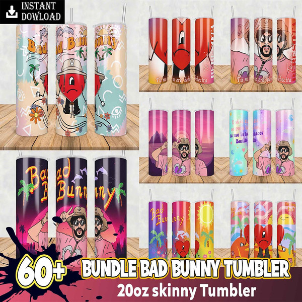 60 Bad Bunny 20oz Skinny Tumbler Sublimation Designs for Straight Tumbler Design,  PNG Digital Download.jpg