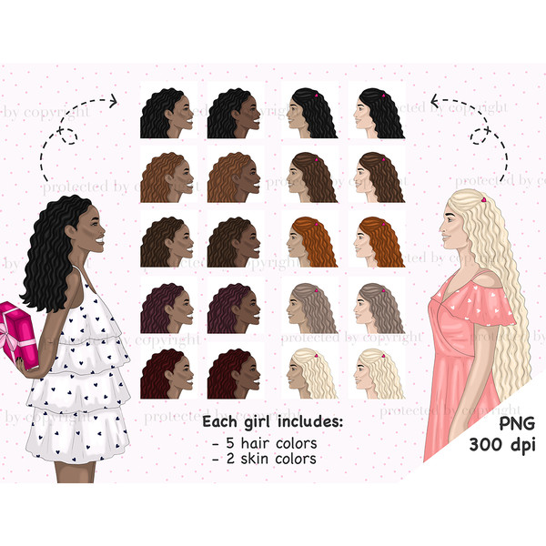 African-American girl in a white dress with a heart print and a gift in a pink package with a ribbon and a white-skinned blonde in a pink dress with a heart pri