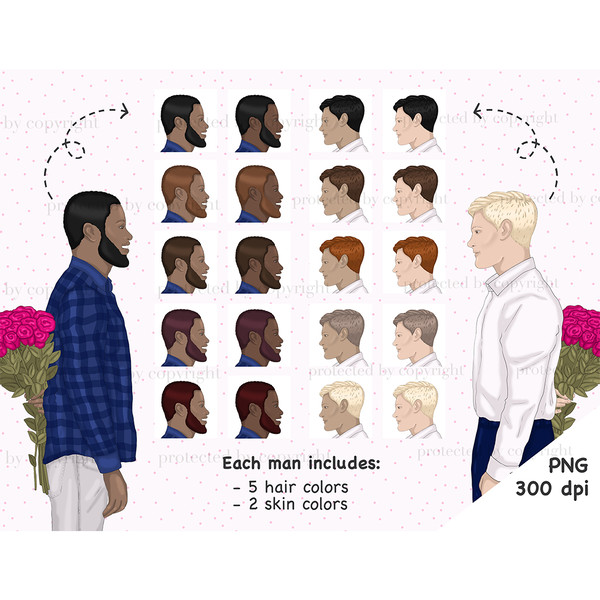 African-American man in a blue plaid shirt and gray jeans and a white-skinned blond man in a white shirt and blue trousers stand with bouquets of pink roses beh