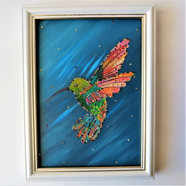 Diamond painting on canvas, Hummingbird canvas painting, Lit