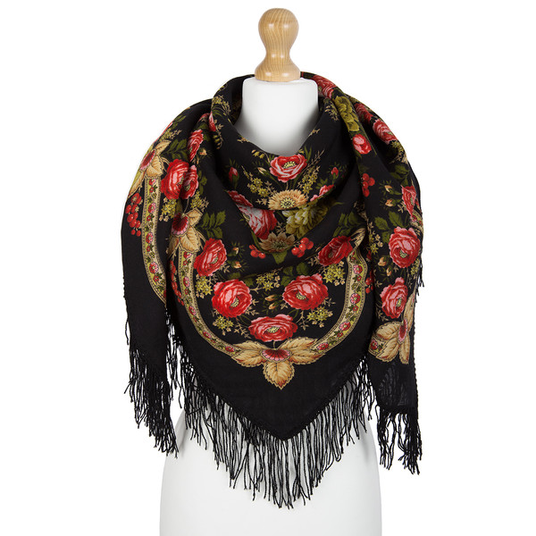 black wool shawl with flowers and berries