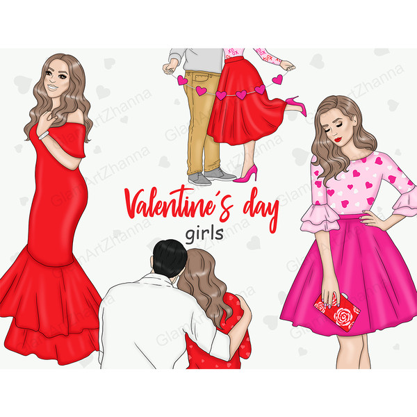 A girl in a floor-length red dress and a girl in a pink skirt and blouse with a print of red and white hearts and a red bag. Back view of a romantic couple sitt