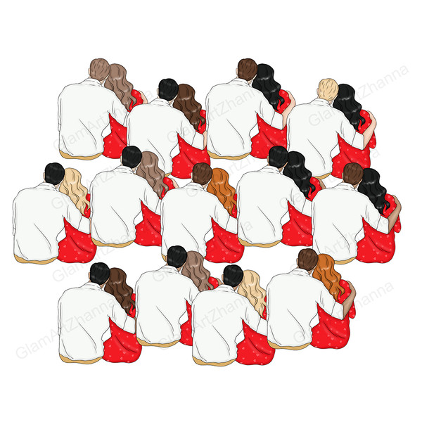 A romantic couple of a man in a white shirt and beige trousers and a girl in a red dress with a heart print celebrate Valentine's Day. Back view. Various skin a