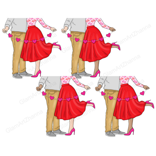 Romantic couple of a man in a gray sweater, gray shoes and beige trousers and a girl in a red skirt and pink blouse and shoes holds a garland of paper hearts an